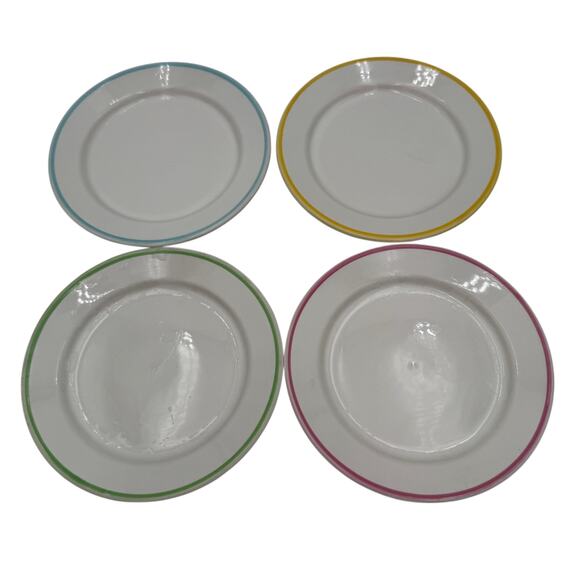 Duktig Ceramic Tea Plates Petit Fours Plates Set/4 Pink Yellow Blue Green Rims - Picture 1 of 8